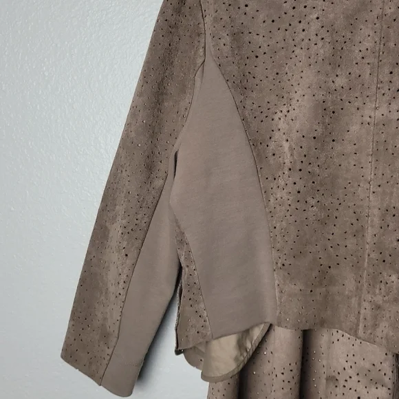 BCBGMaxAzria Faux Suede Jacket Moto Style Perforated Hi Lo Scalloped Front Hem - Picture 9 of 13